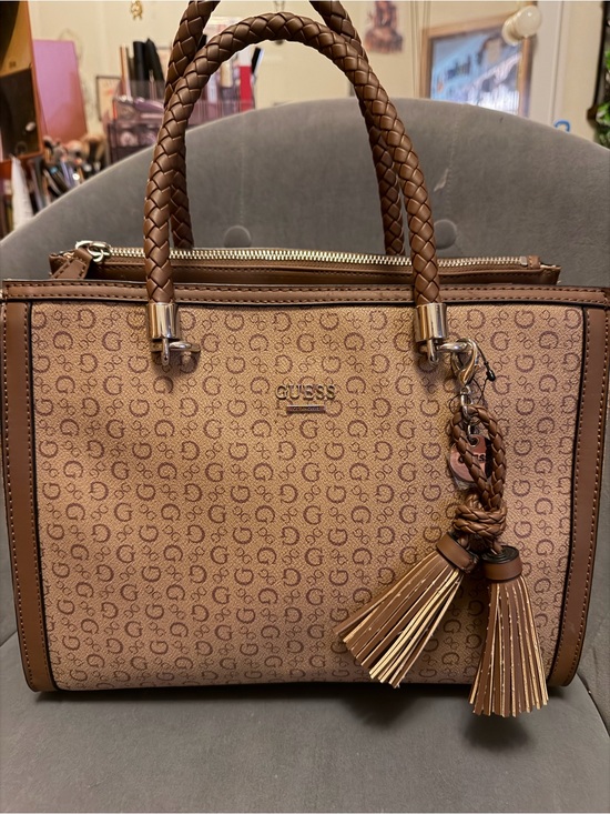 Guess Handbags - GUESS Brown Signature Satchel with Braided Handles and Tassel